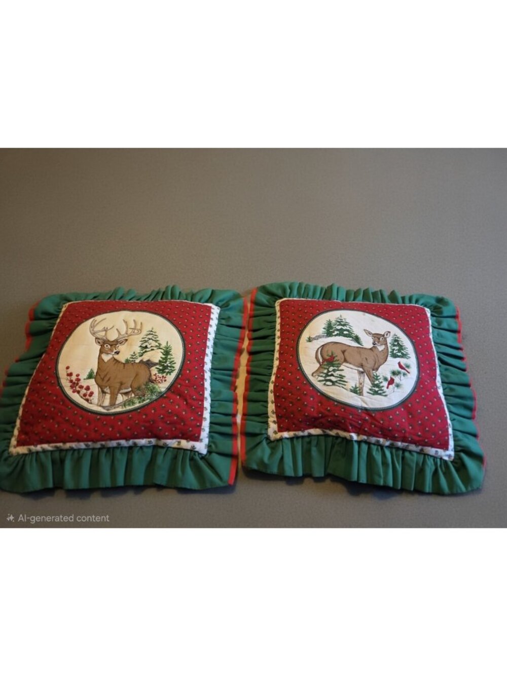 Vintage Pillows Ruffles Handmade Quilted Christmas Whitetail Deer Doe Buck Cabin